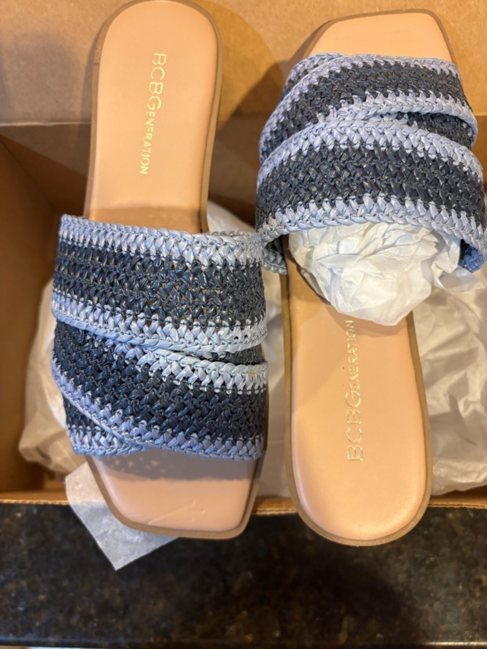 BCBGeneration Blue and Gray Woven Slide Mules with Tan Footbed - Picture 6 of 6